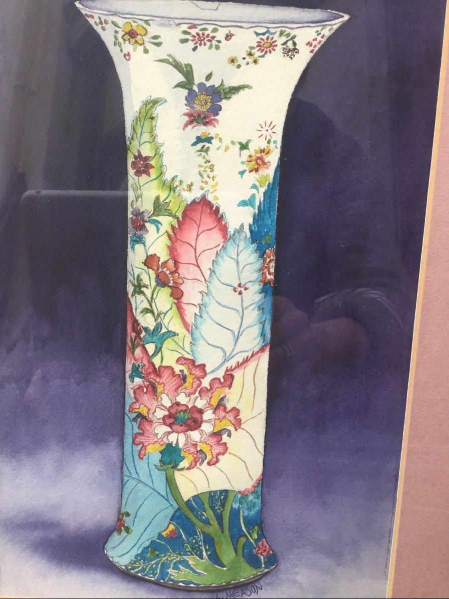 Aquarelle Art Nouveau , Vase Aux Feuillages, Signé-photo-1