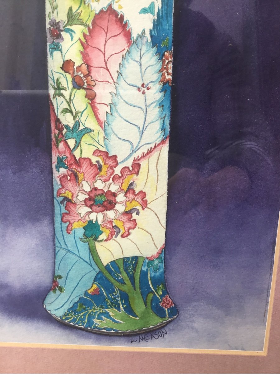 Art Nouveau Watercolor, Vase With Foliage, Signed-photo-3