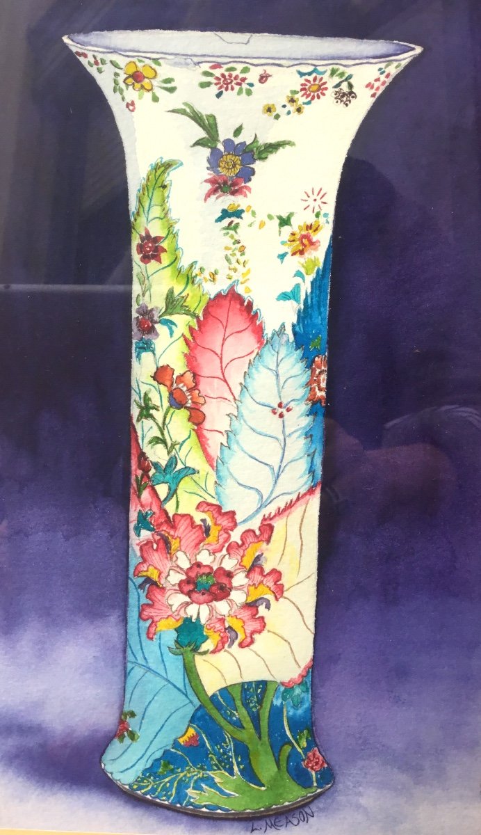Aquarelle Art Nouveau , Vase Aux Feuillages, Signé