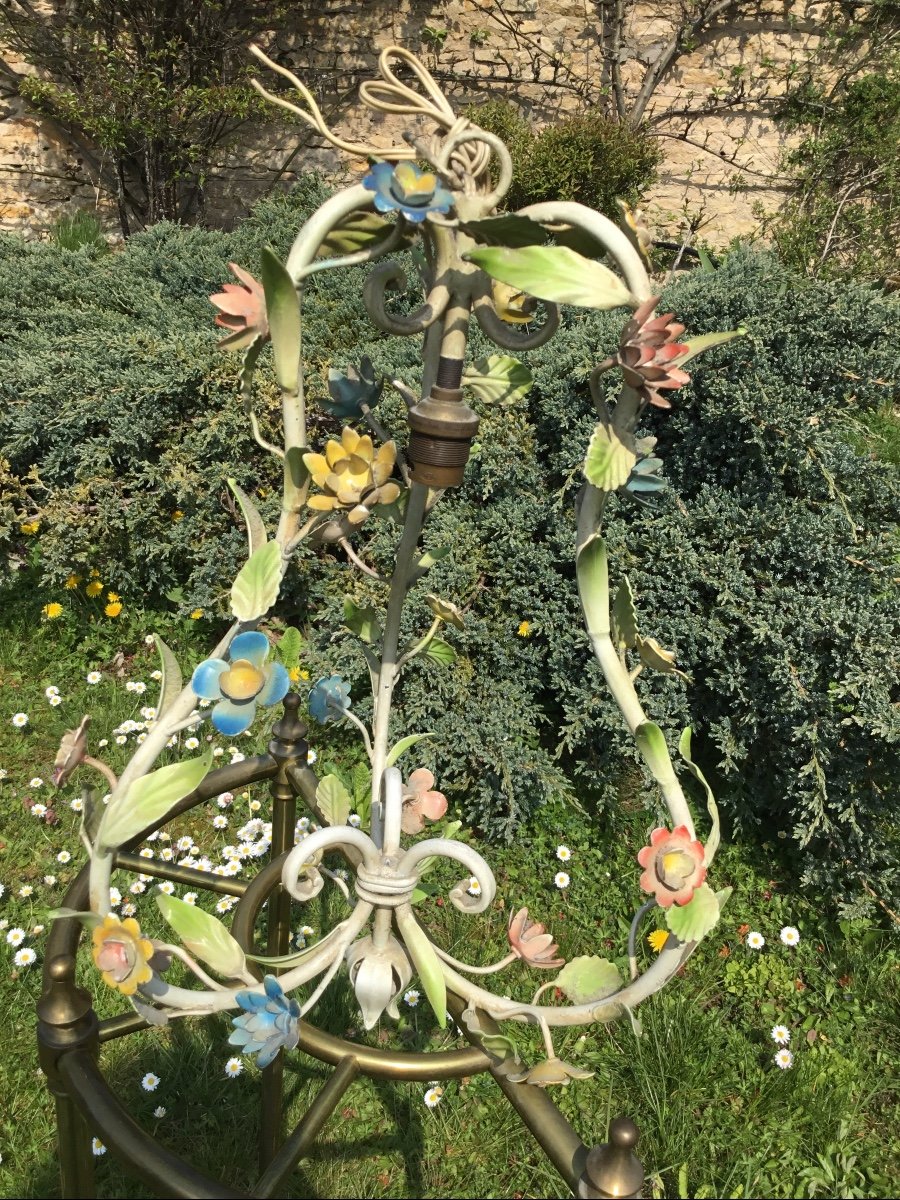 Tin Ceiling Lamp With Flowers, Circa 1950-photo-5