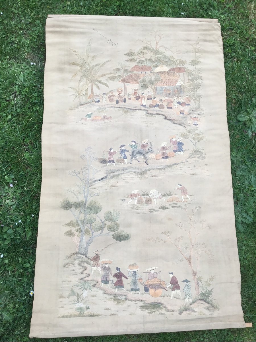Large Silk Thread Embroidery, Indochina, Circa 1900-photo-2