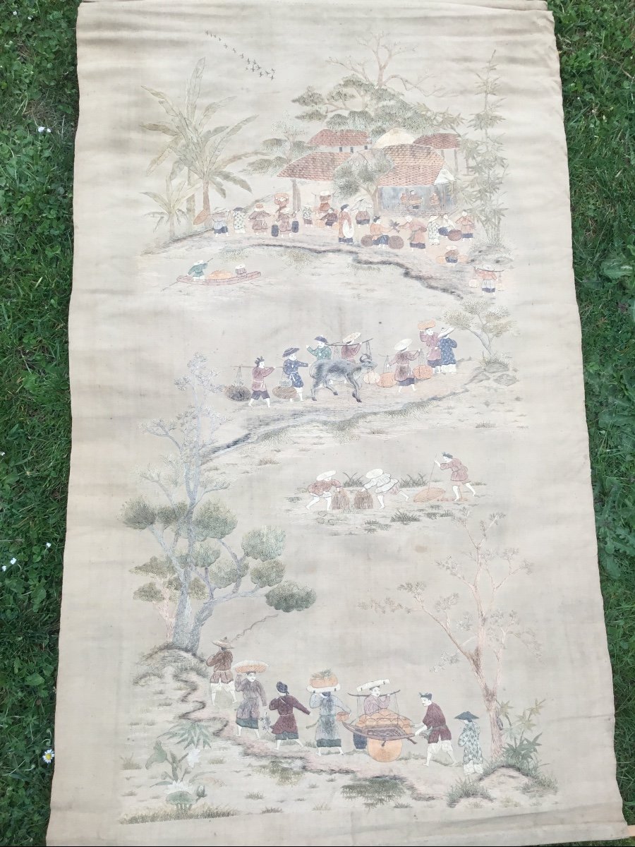 Large Silk Thread Embroidery, Indochina, Circa 1900-photo-3