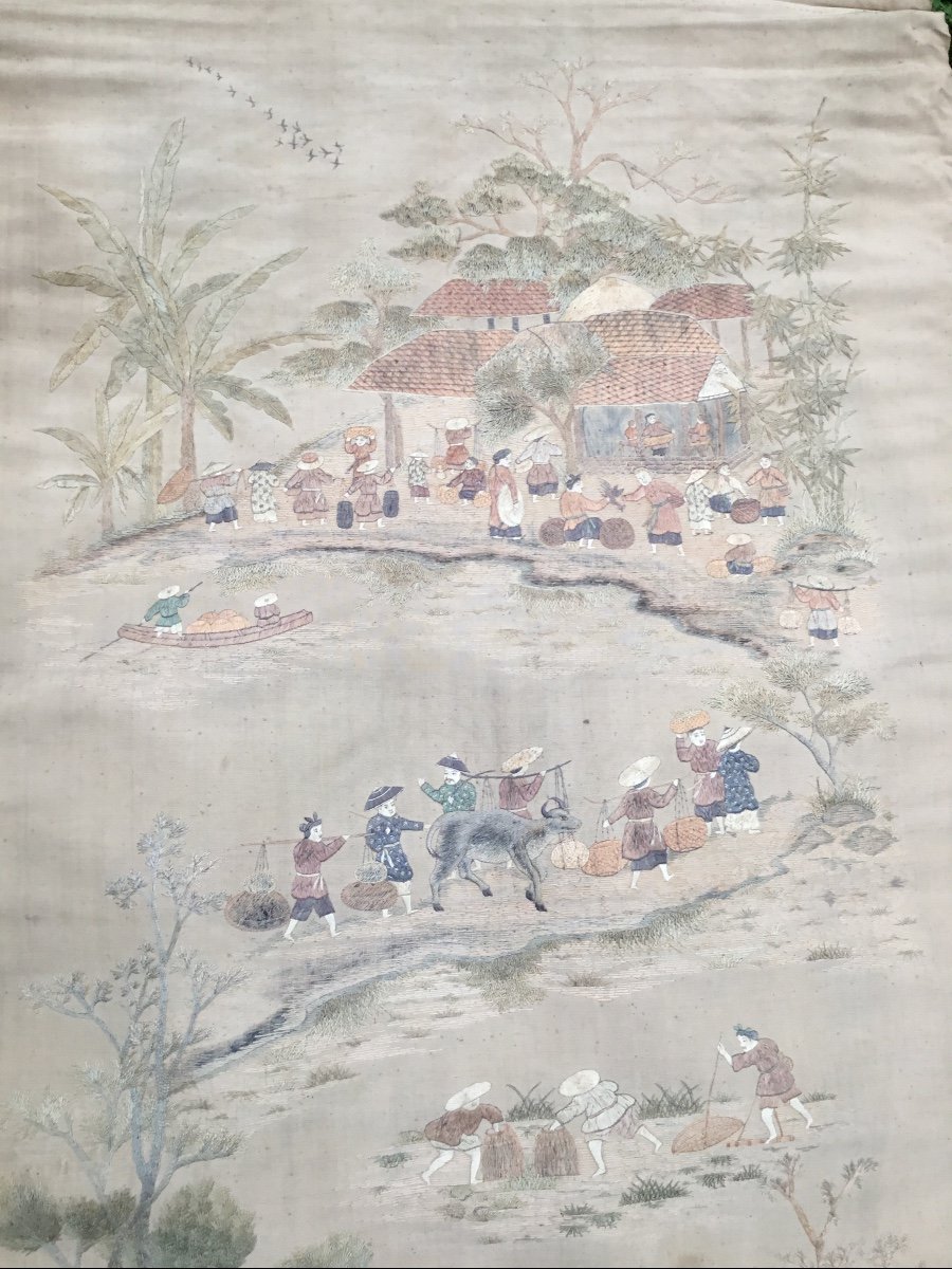 Large Silk Thread Embroidery, Indochina, Circa 1900-photo-4