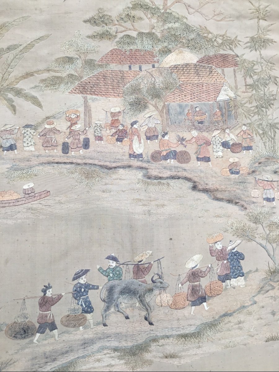 Large Silk Thread Embroidery, Indochina, Circa 1900-photo-3