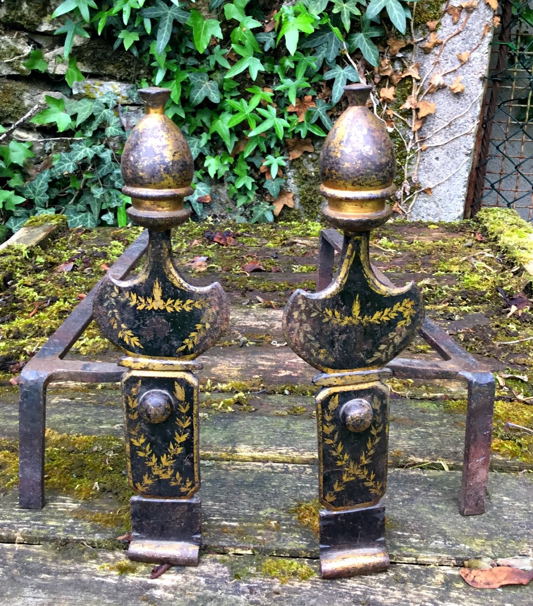 Pair Of Andirons In Painted Sheet, D Charles X Period