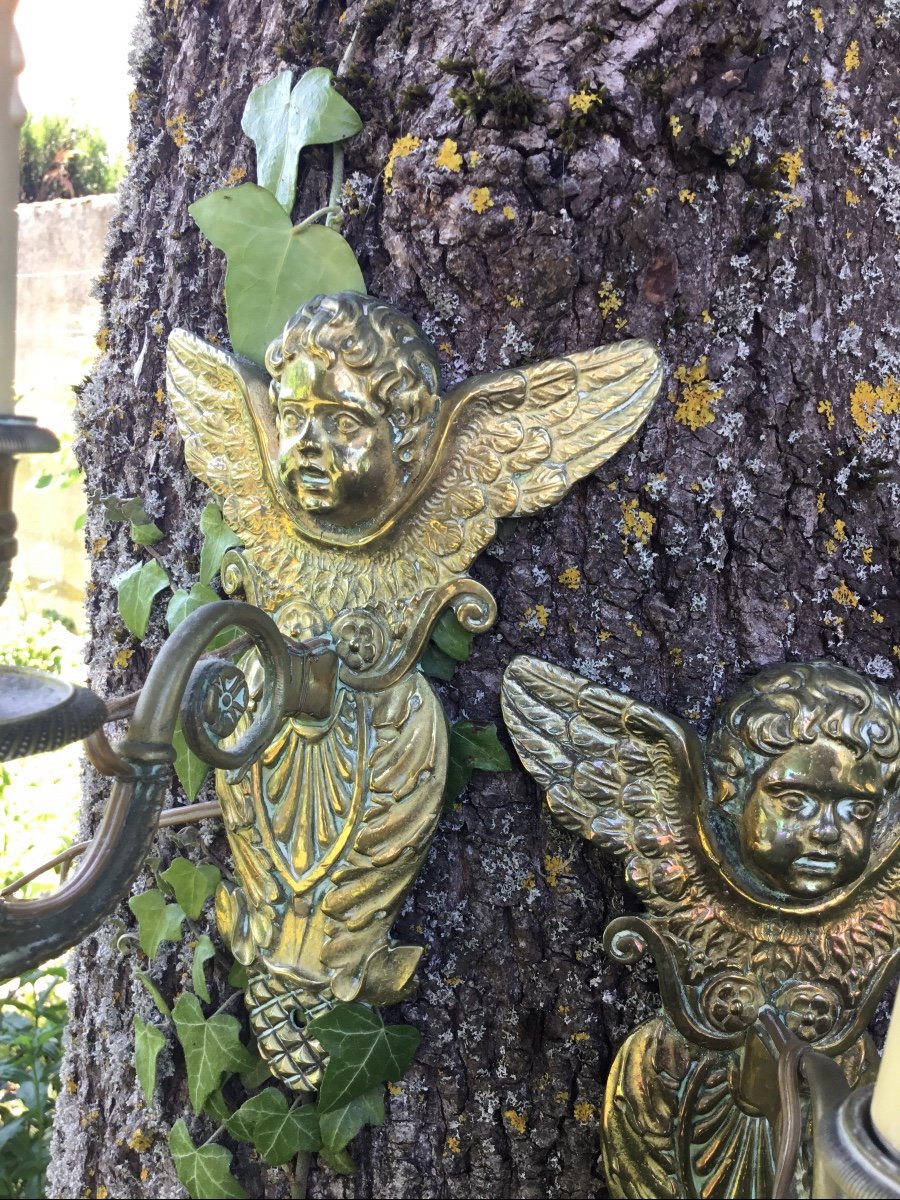Pair Of Sconces With Winged Cherubs In Bronze, XIXth-photo-1