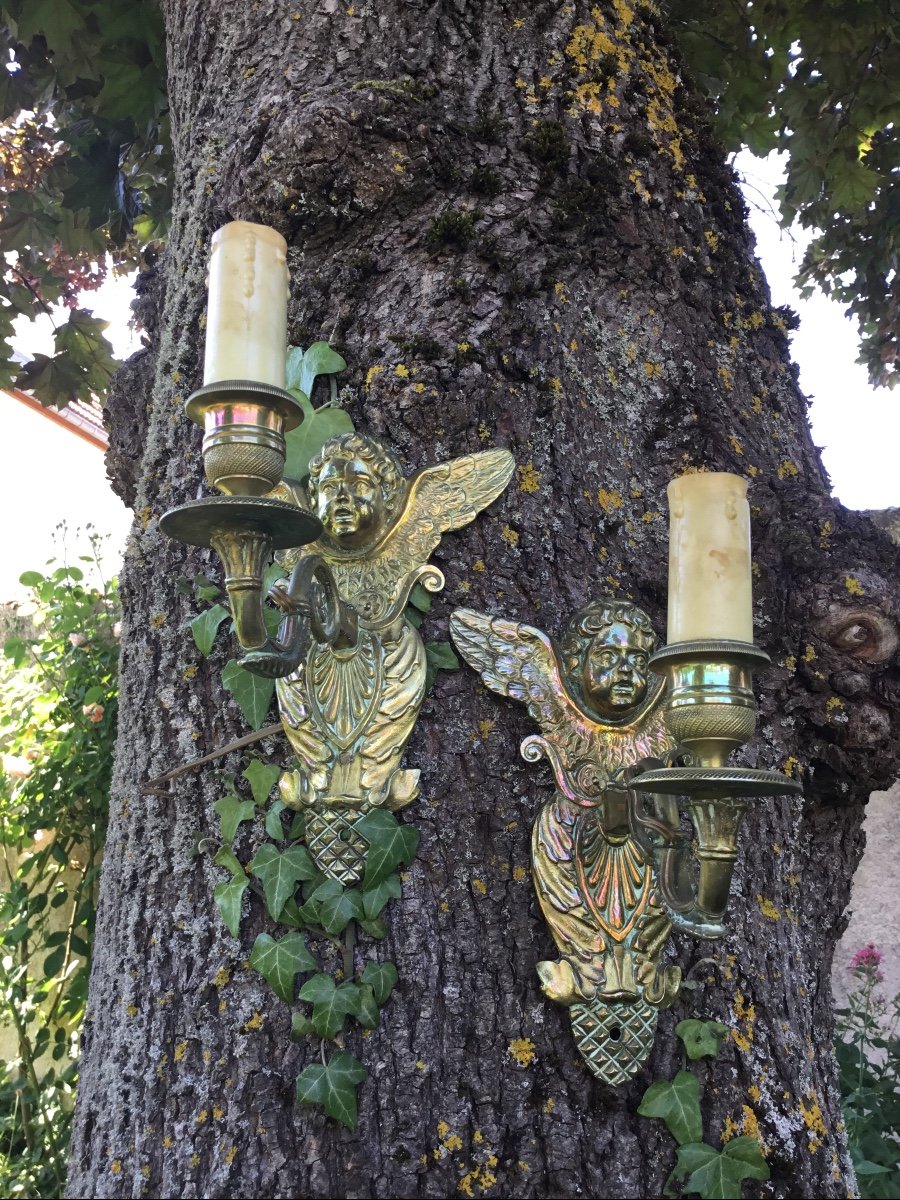 Pair Of Sconces With Winged Cherubs In Bronze, XIXth-photo-4