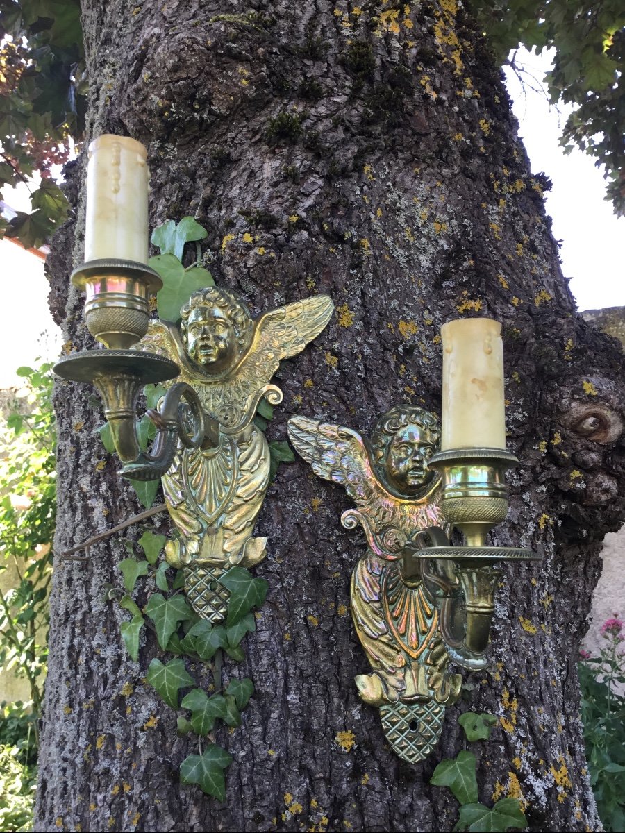 Pair Of Sconces With Winged Cherubs In Bronze, XIXth-photo-5