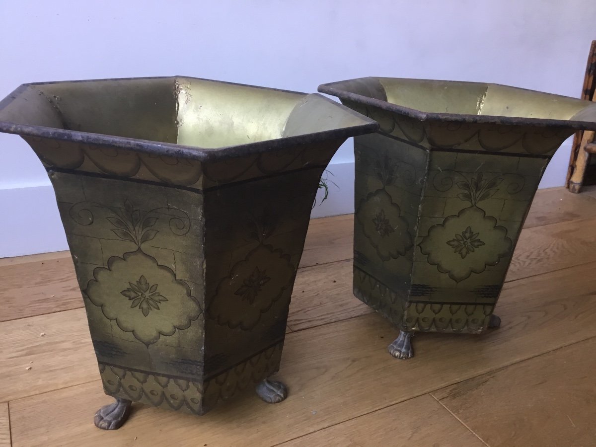 Pair Of Cache Pots In Lacquered Tin Restoration Period-photo-3