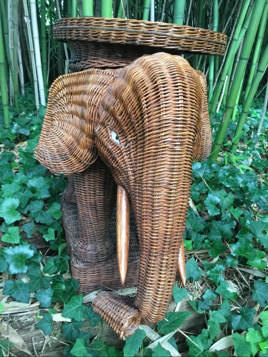 Desserte éléphant  En Rotin Des Années 1970.-photo-2