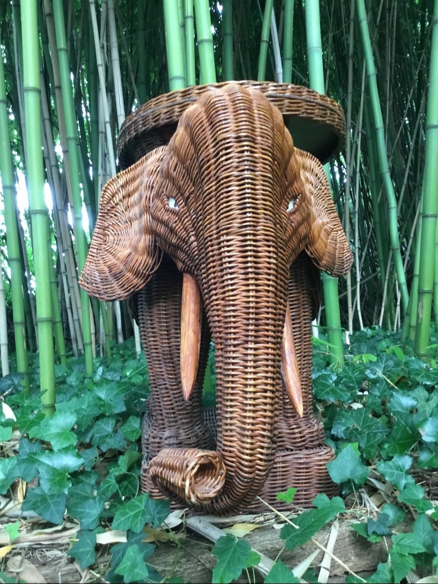 Desserte éléphant  En Rotin Des Années 1970.-photo-5