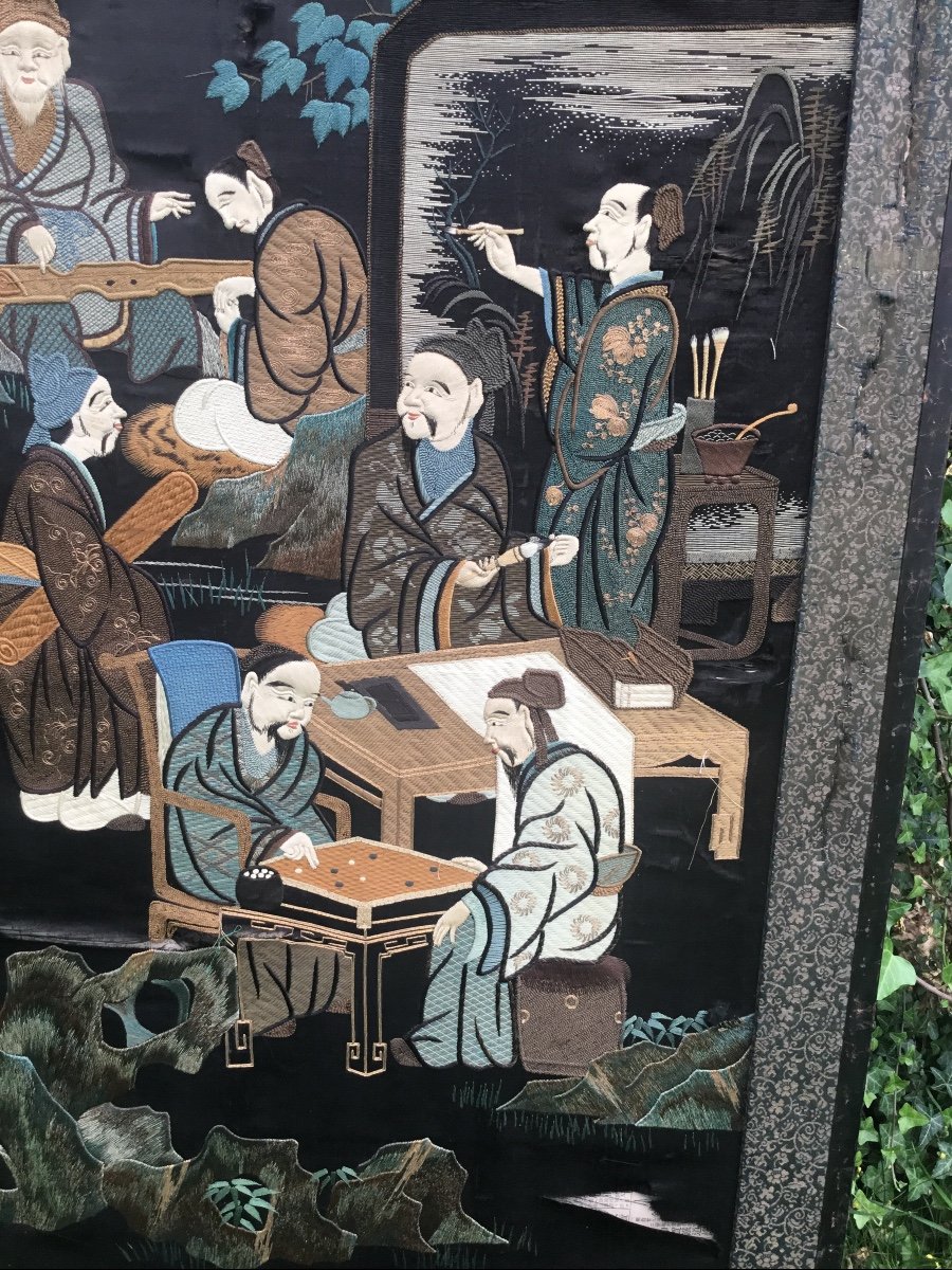 Large Japanese Panel Embroidered On Silk, Circa 1900-photo-2