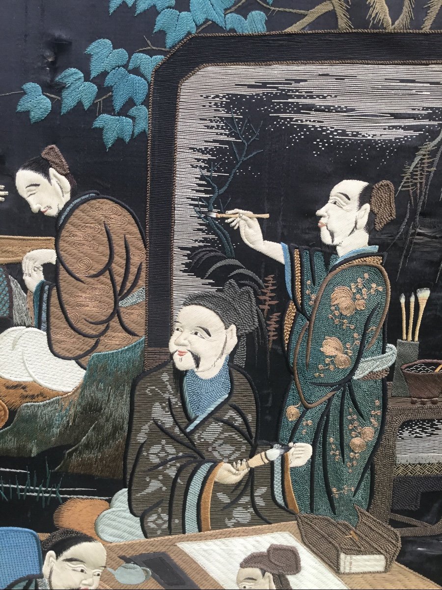 Large Japanese Panel Embroidered On Silk, Circa 1900-photo-7