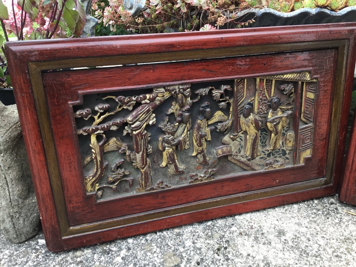 Pair Of Carved Paintings Of Courtyard Scenes, China-photo-3