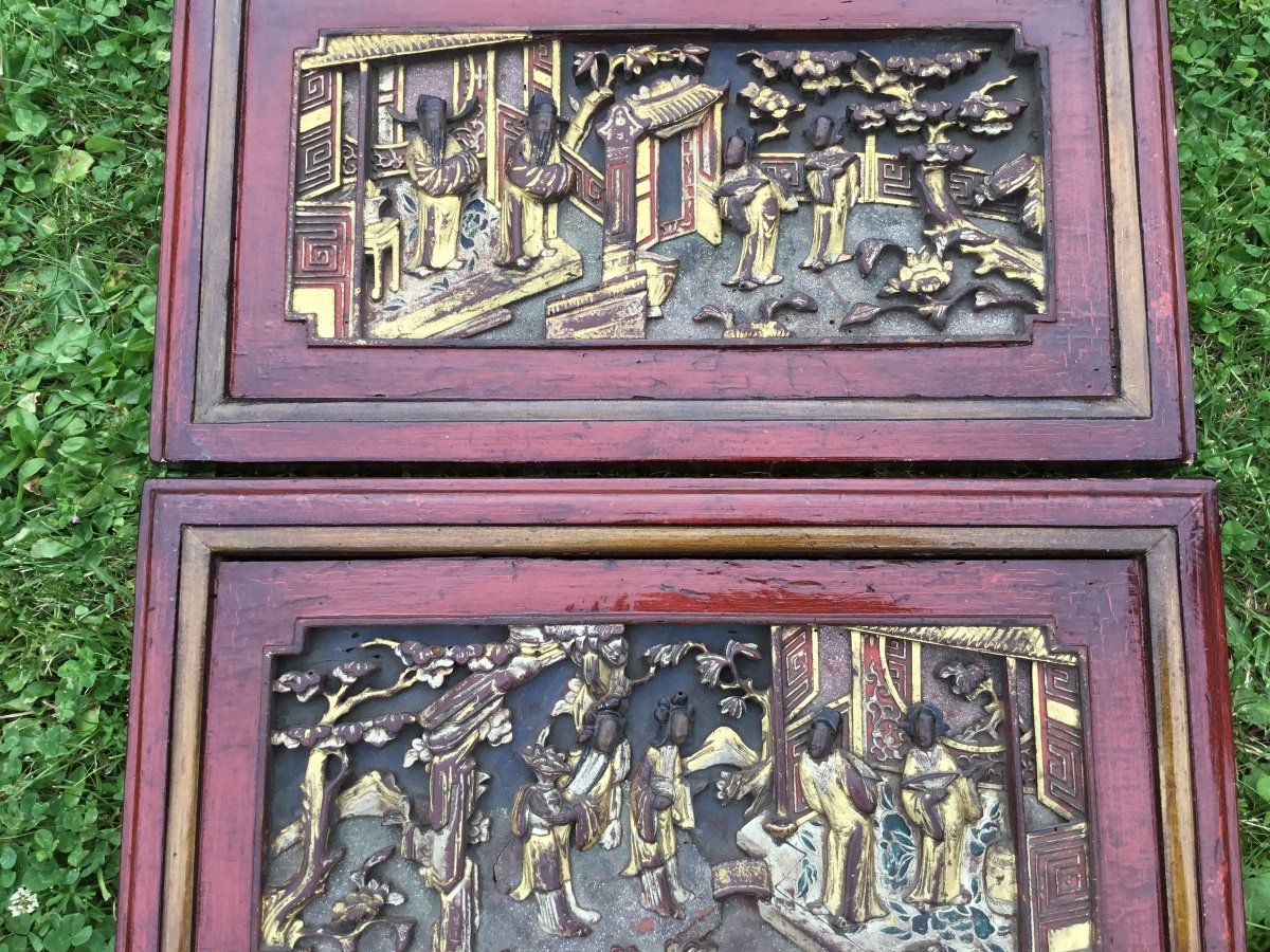 Pair Of Carved Paintings Of Courtyard Scenes, China-photo-5