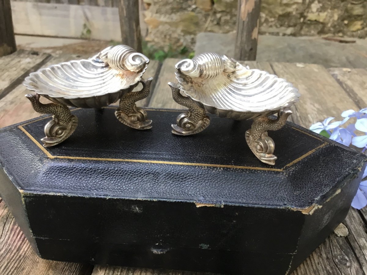 Pair Of Salerons Shell And Dolphins In Silver, XIXth-photo-7