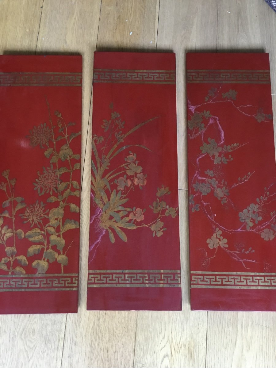 Suite Of Lacquer Panels Decor With Gold Flowers, Circa 1900-photo-2