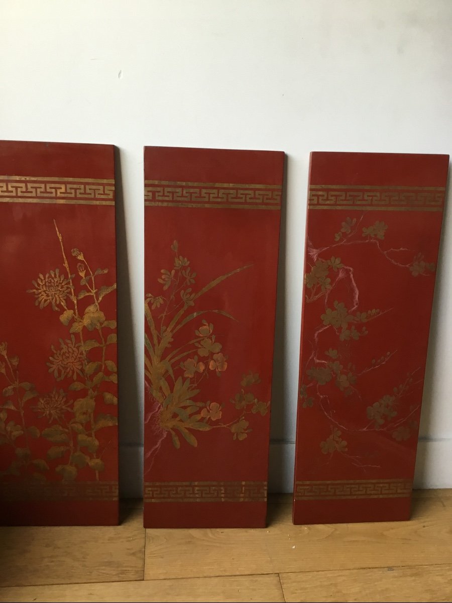 Suite Of Lacquer Panels Decor With Gold Flowers, Circa 1900-photo-4