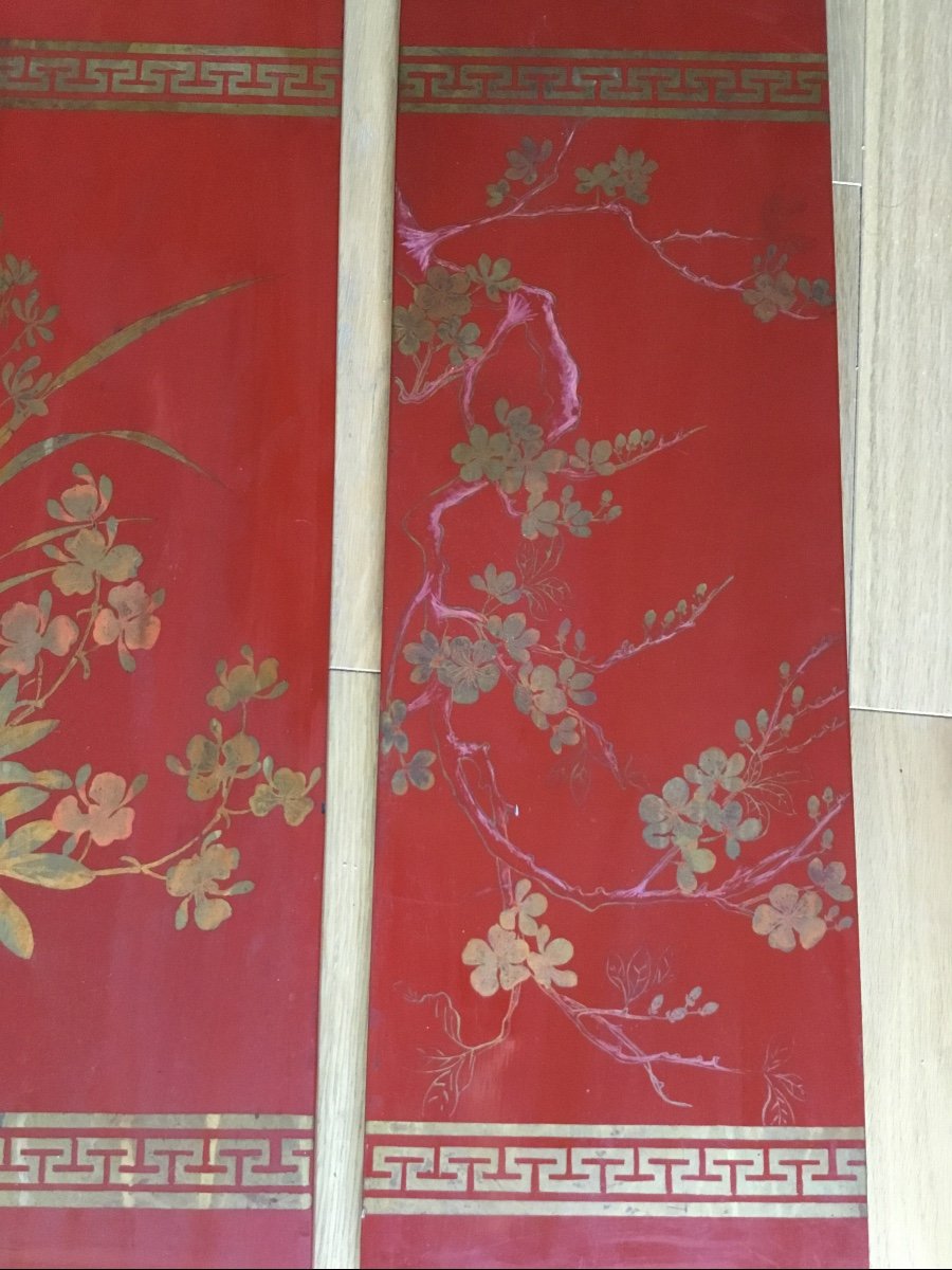 Suite Of Lacquer Panels Decor With Gold Flowers, Circa 1900-photo-2