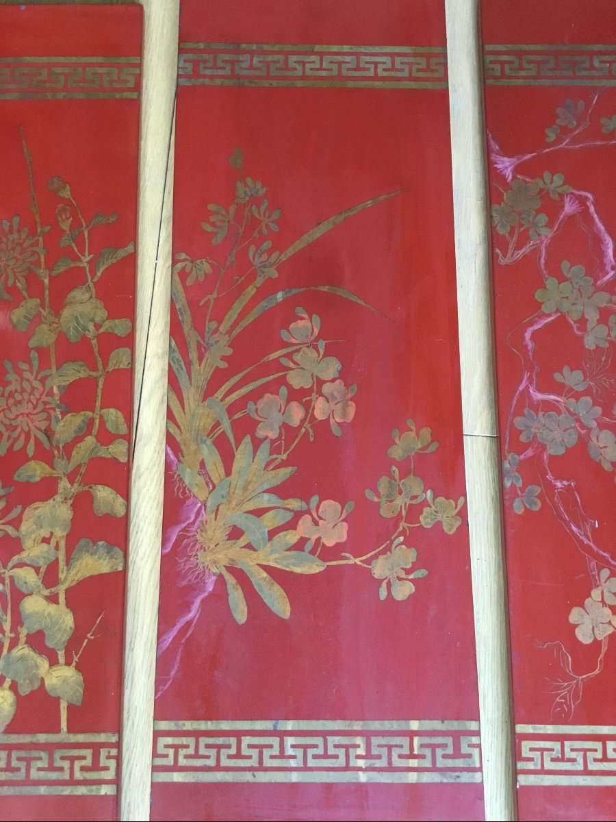 Suite Of Lacquer Panels Decor With Gold Flowers, Circa 1900-photo-3