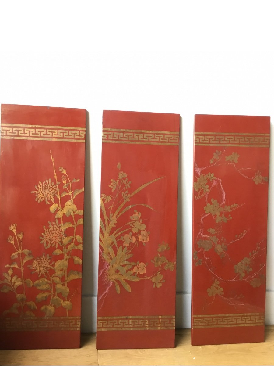 Suite Of Lacquer Panels Decor With Gold Flowers, Circa 1900-photo-5