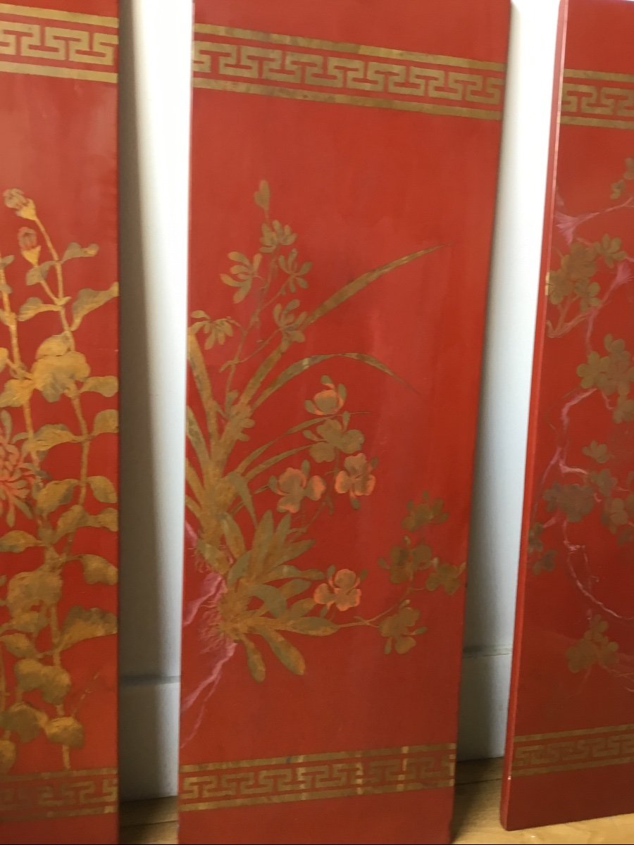 Suite Of Lacquer Panels Decor With Gold Flowers, Circa 1900-photo-7