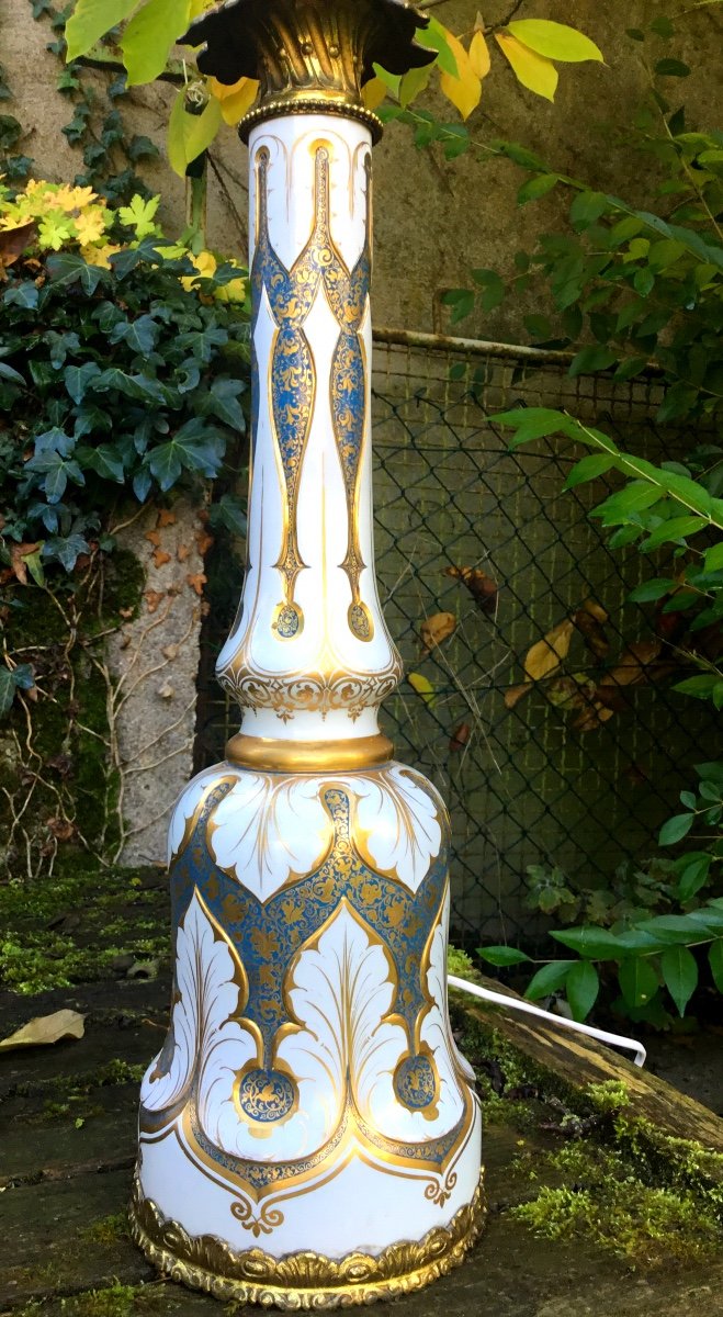 Grande Lampe En Opaline Overlay à Décor Oriental, XIXème 