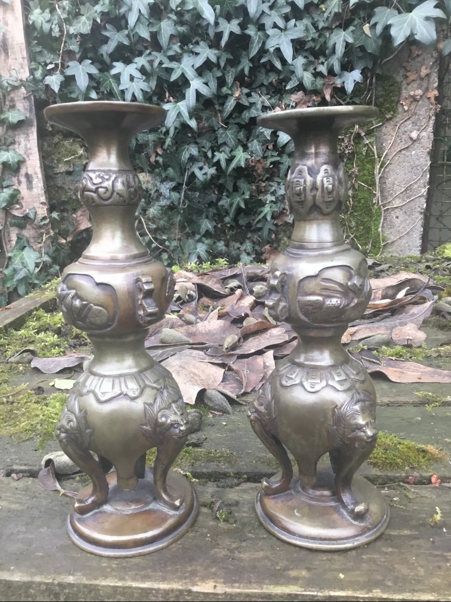 Paire De Flambeaux En Bronze , Indochine-photo-4