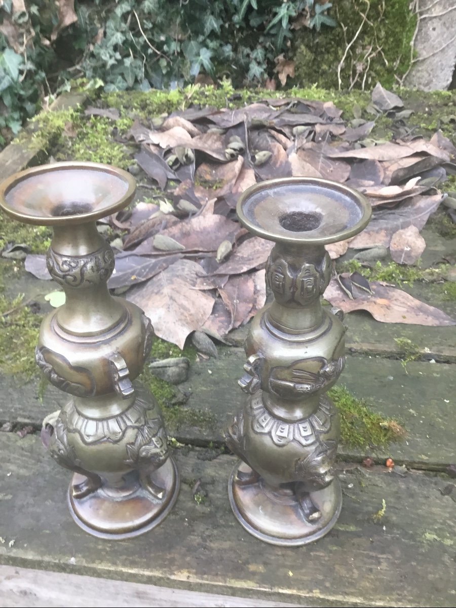 Paire De Flambeaux En Bronze , Indochine-photo-2