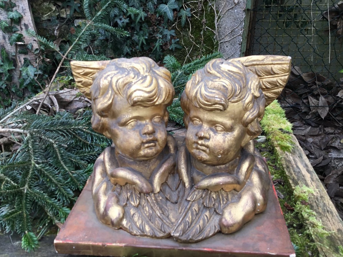 Angelots Ailés En Bois Doré, XIXème -photo-2