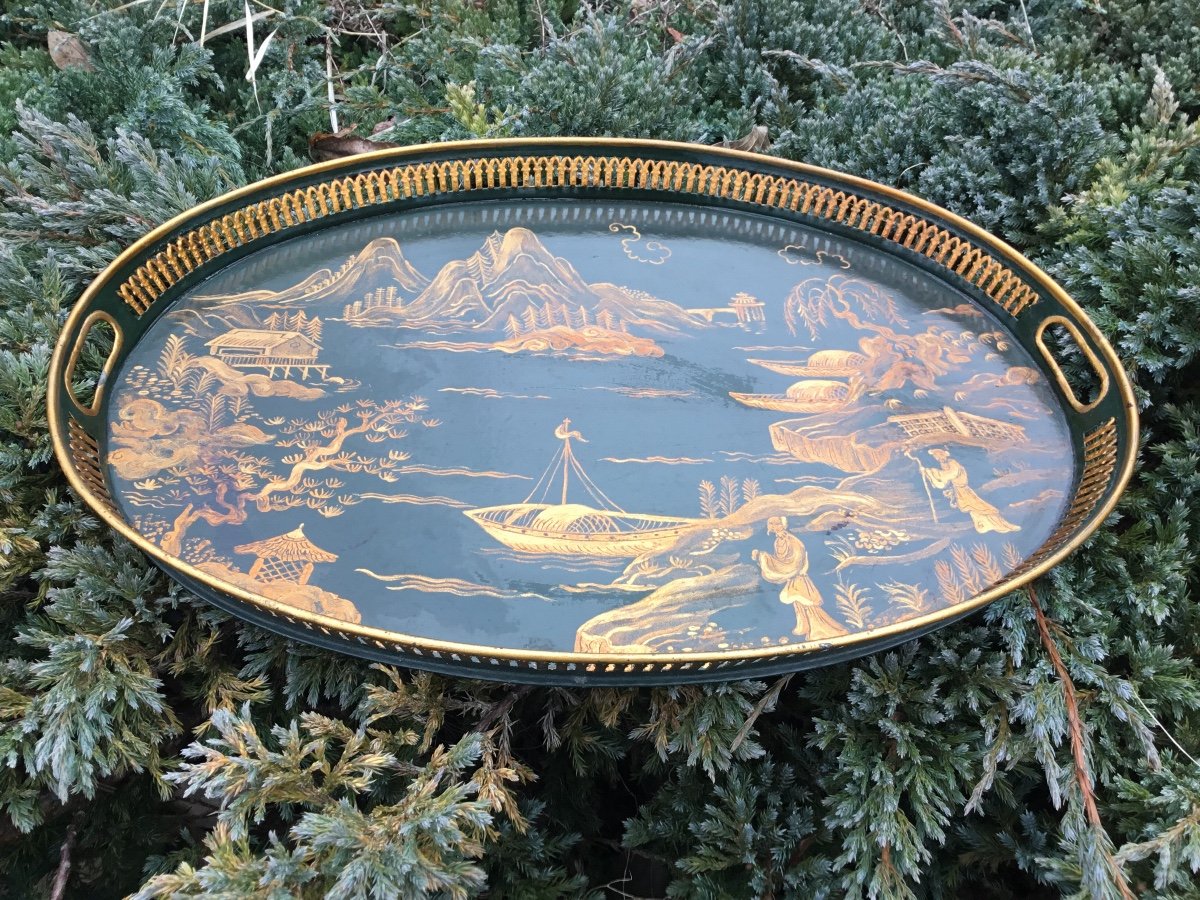 Lacquered Sheet Metal Serving Tray, Chinoiserie Decor-photo-3