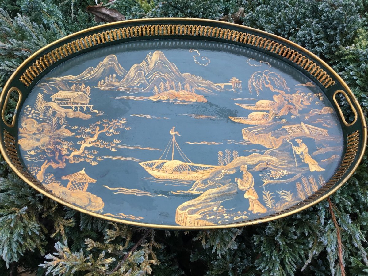 Lacquered Sheet Metal Serving Tray, Chinoiserie Decor-photo-1