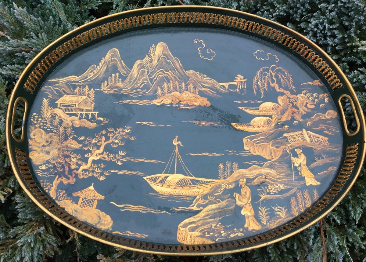 Lacquered Sheet Metal Serving Tray, Chinoiserie Decor