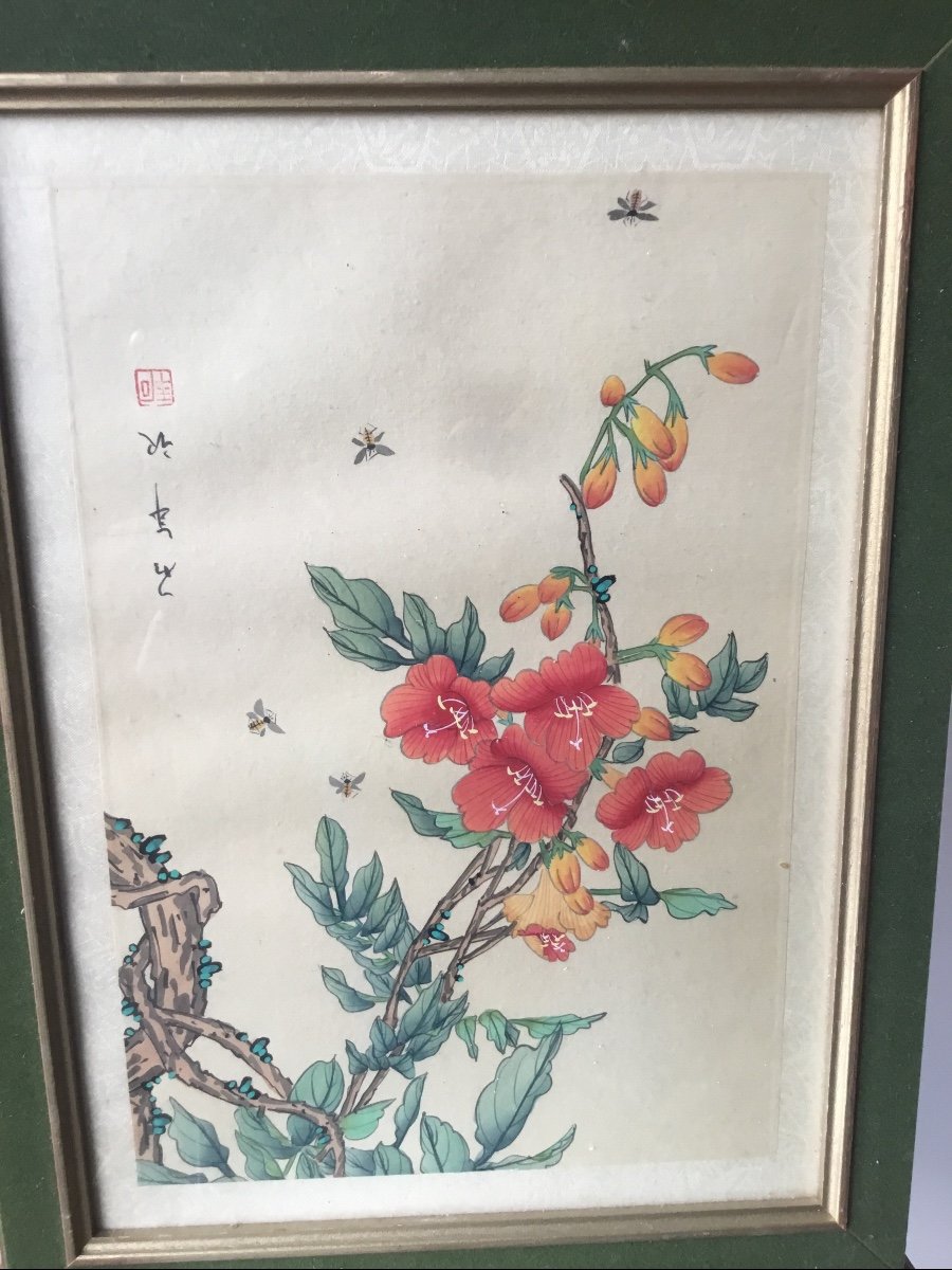 La Gouache Au Décor De Fleurs Et Insectes , Sur Papier , Canton, Chine-photo-3