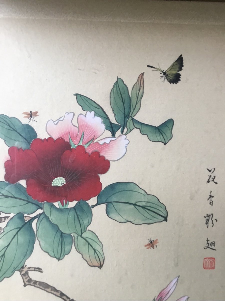 La Gouache Au Décor De Fleurs Et Insectes , Sur Papier , Canton, Chine-photo-2