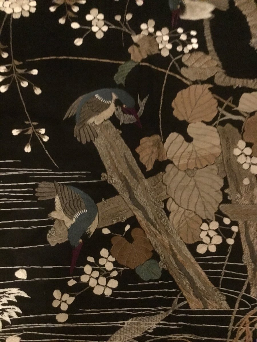 Très Grande Broderie Japonaise Naturaliste D’époque Art Nouveau -photo-3