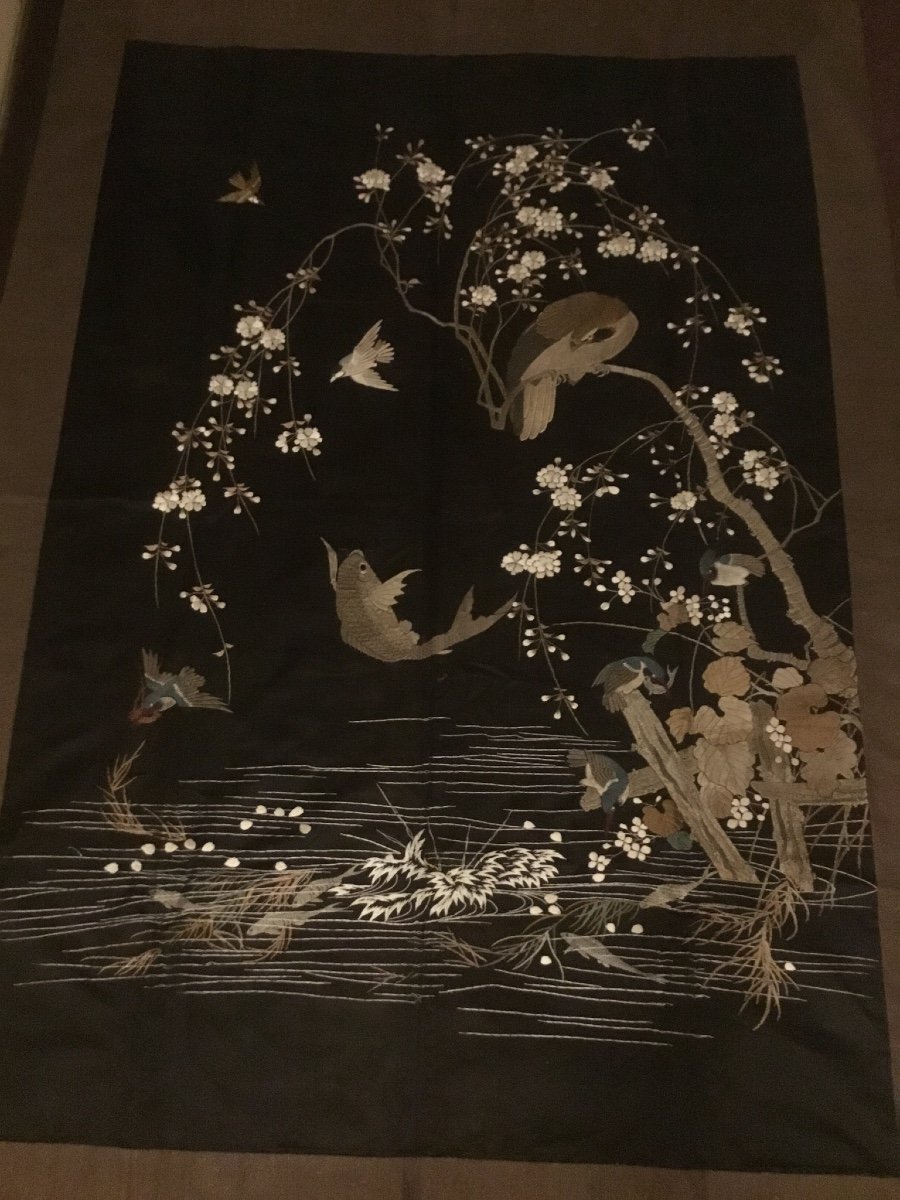 Très Grande Broderie Japonaise Naturaliste D’époque Art Nouveau -photo-2