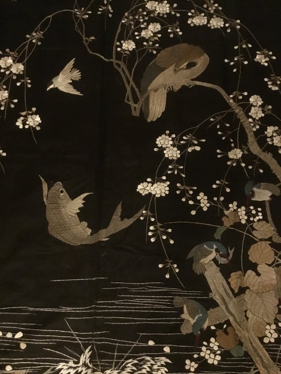 Très Grande Broderie Japonaise Naturaliste D’époque Art Nouveau -photo-3