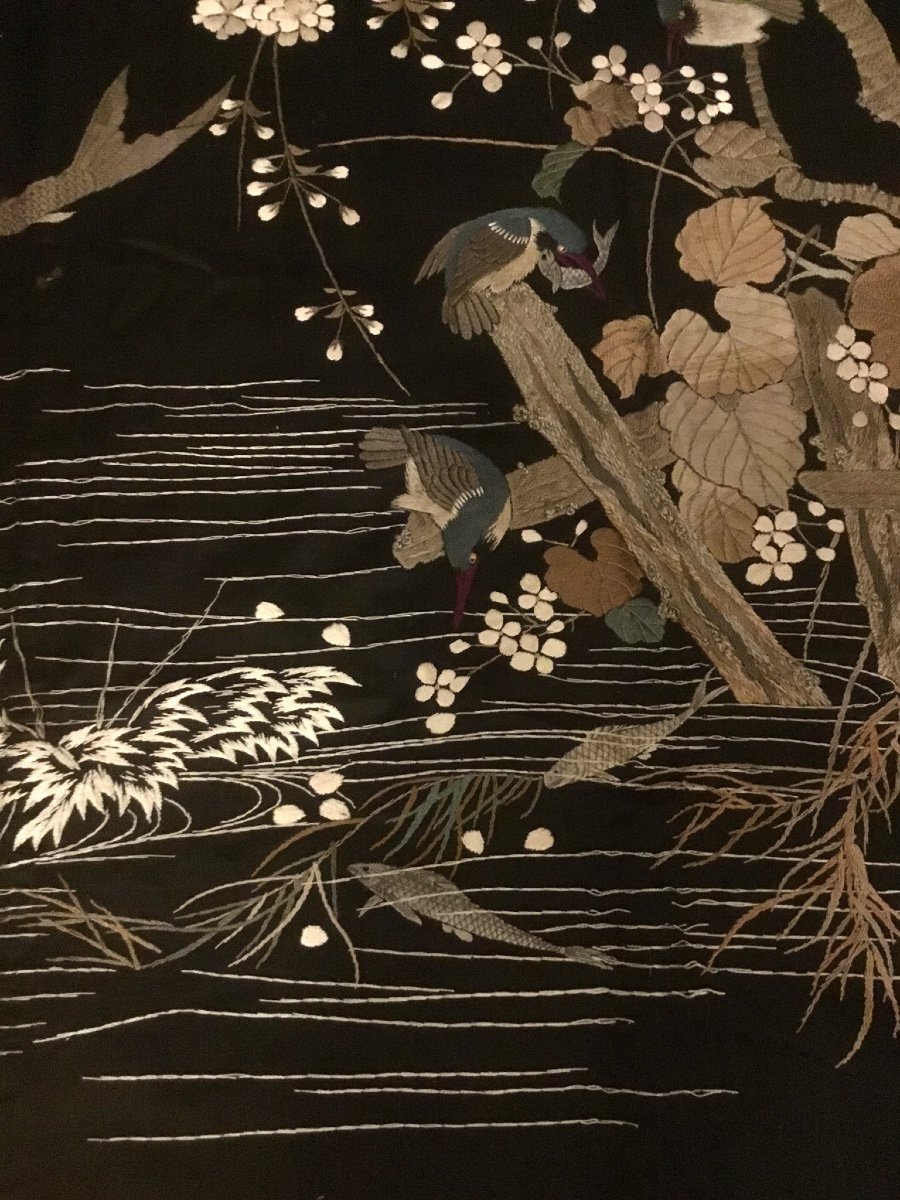 Très Grande Broderie Japonaise Naturaliste D’époque Art Nouveau -photo-5