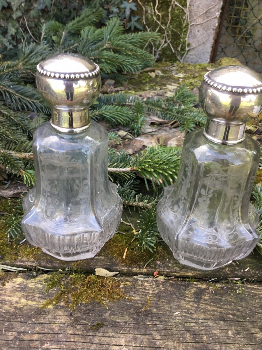 Pair Of Engraved Crystal Bottles, Silver Frame, Baccarat-photo-2