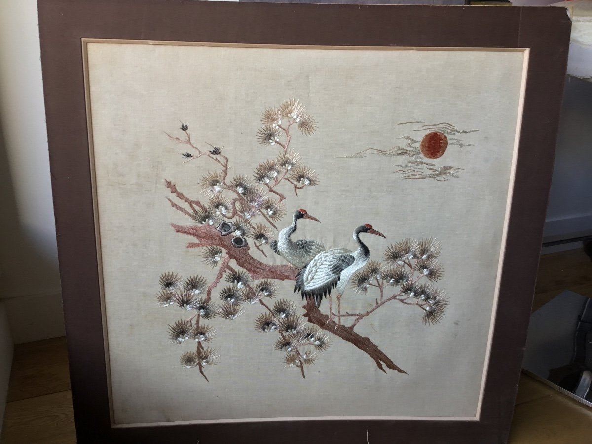 Broderie Japonaise , Deux Grues Au Soleil Couchant Vers 1900-photo-1