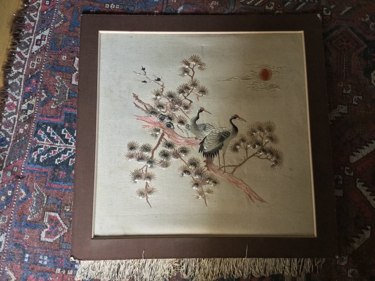 Japanese Embroidery, Two Cranes At Sunset Circa 1900-photo-2