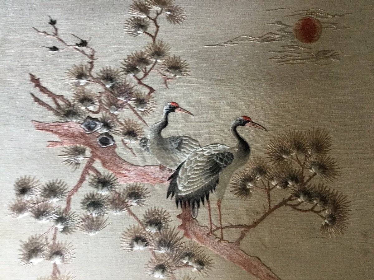 Japanese Embroidery, Two Cranes At Sunset Circa 1900-photo-3