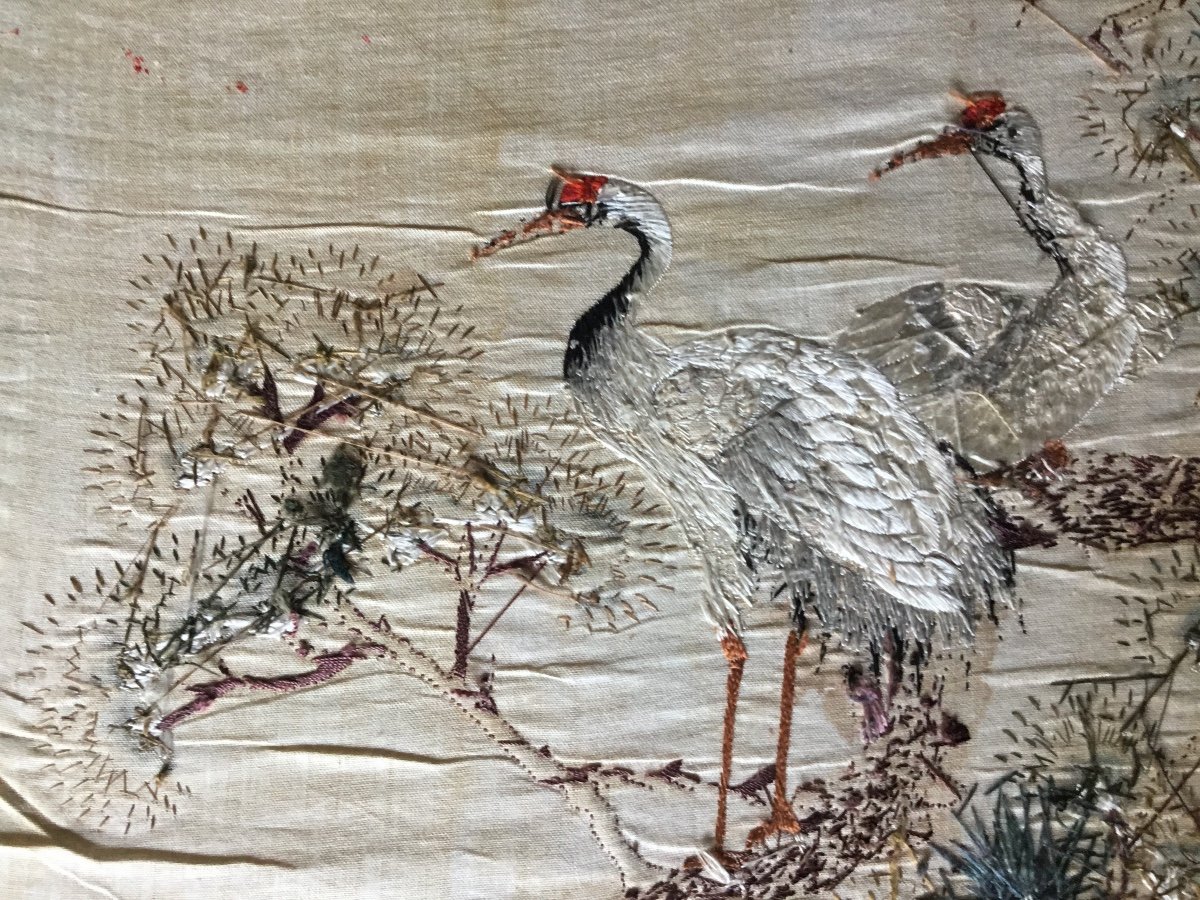 Japanese Embroidery, Two Cranes At Sunset Circa 1900-photo-5