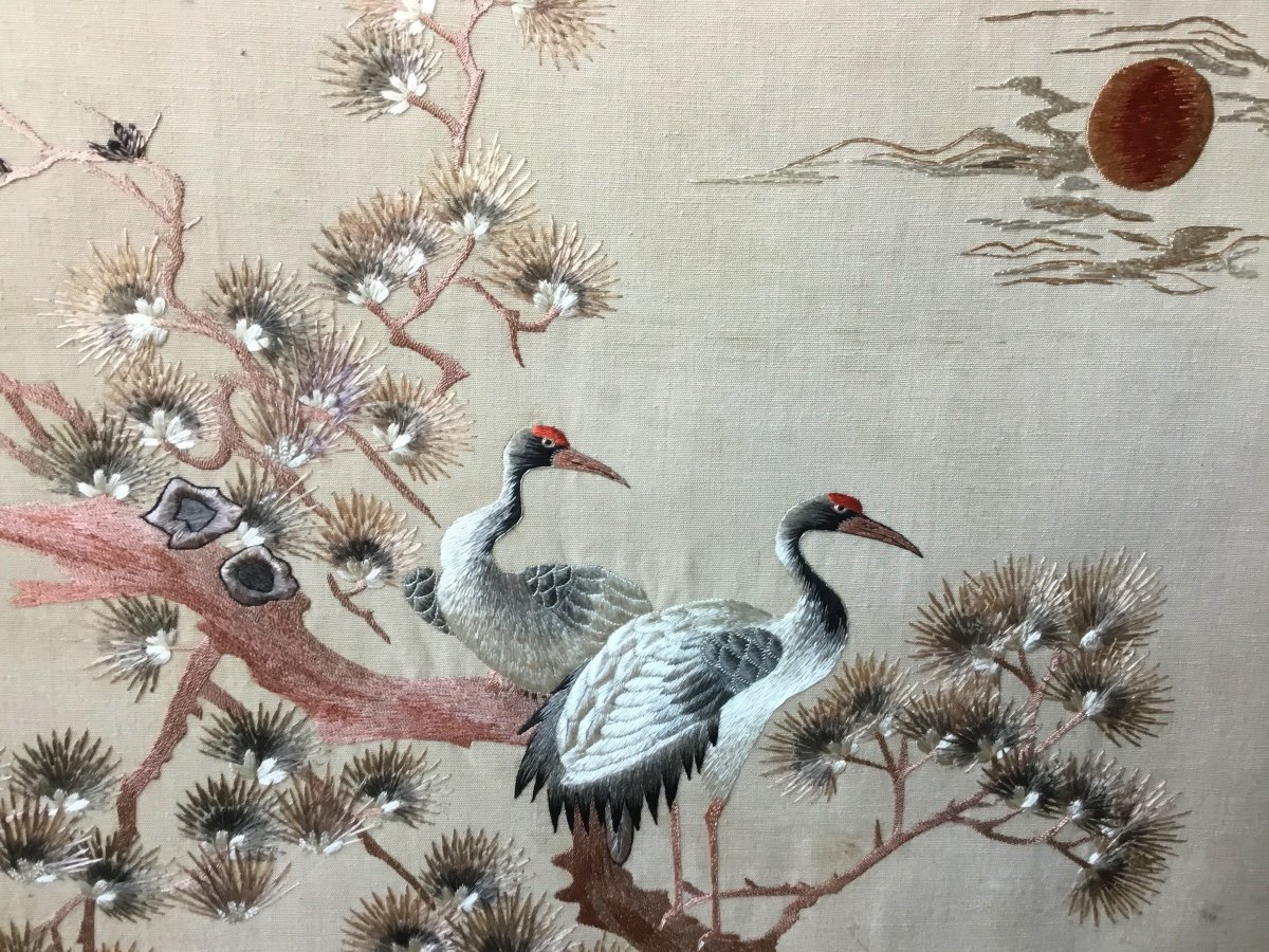 Japanese Embroidery, Two Cranes At Sunset Circa 1900