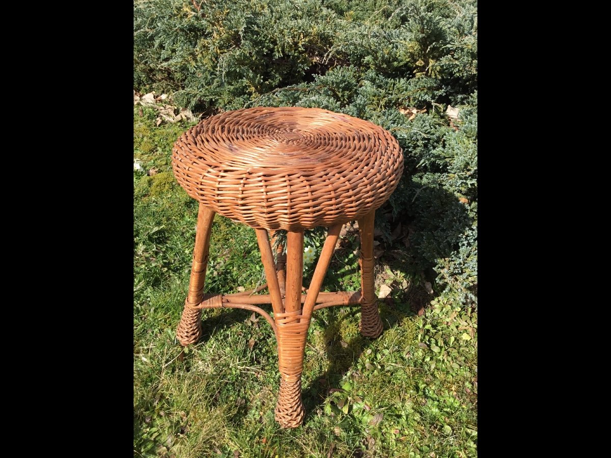 Tabouret En Bambou Tressé , Années 50-photo-1