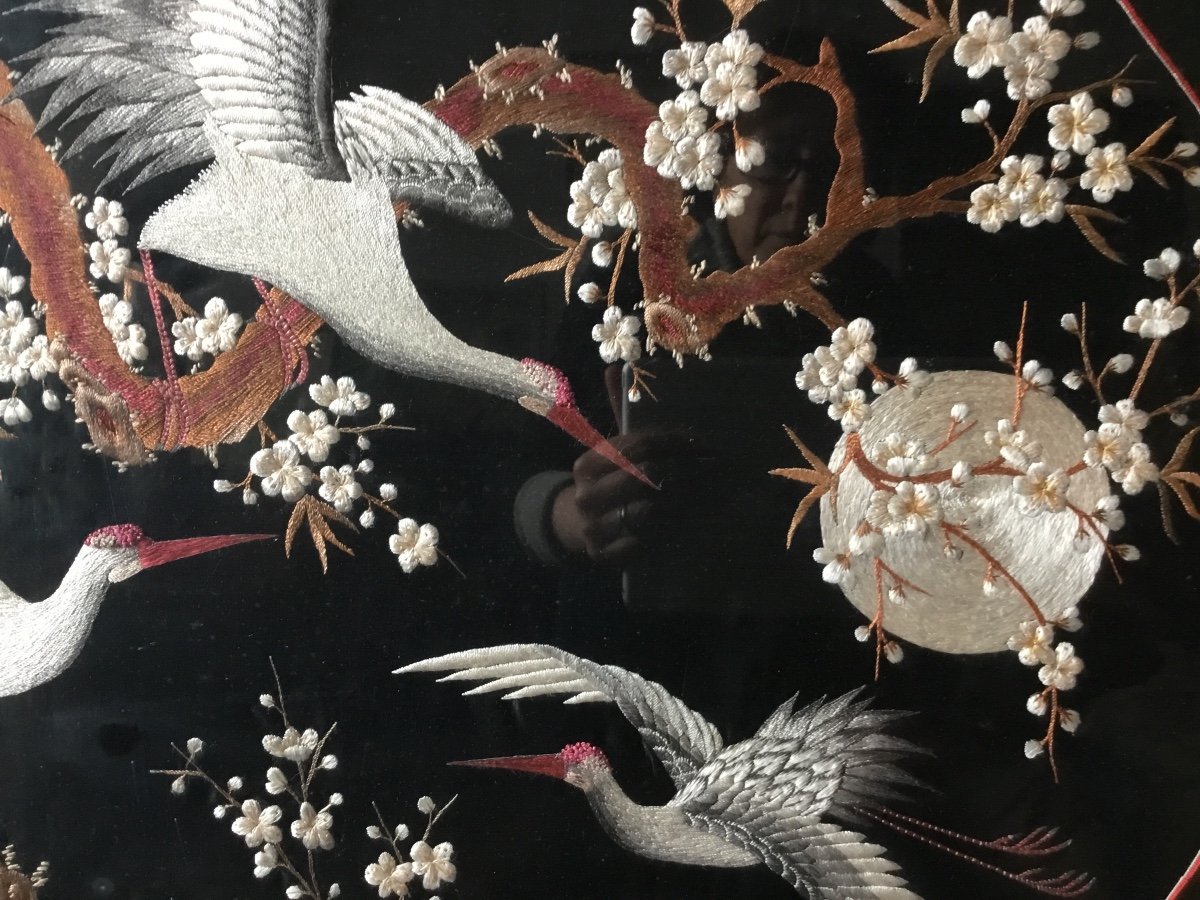 Embroidery, Moonlight Cranes, Art Nouveau, Framed, Japan-photo-2