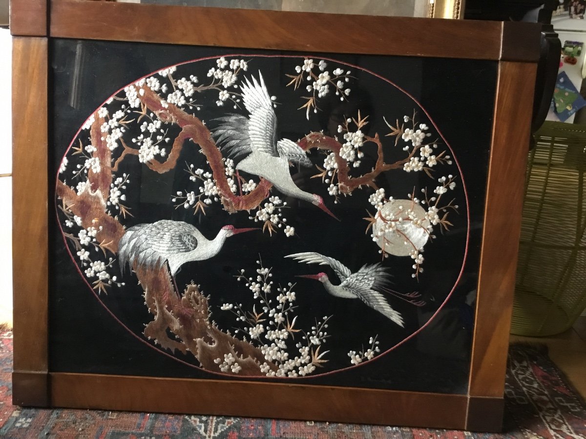 Embroidery, Moonlight Cranes, Art Nouveau, Framed, Japan-photo-4