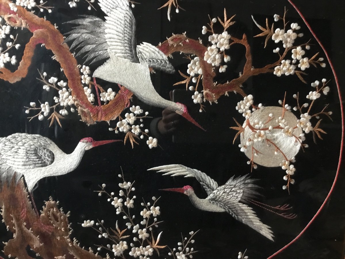 Embroidery, Moonlight Cranes, Art Nouveau, Framed, Japan-photo-2