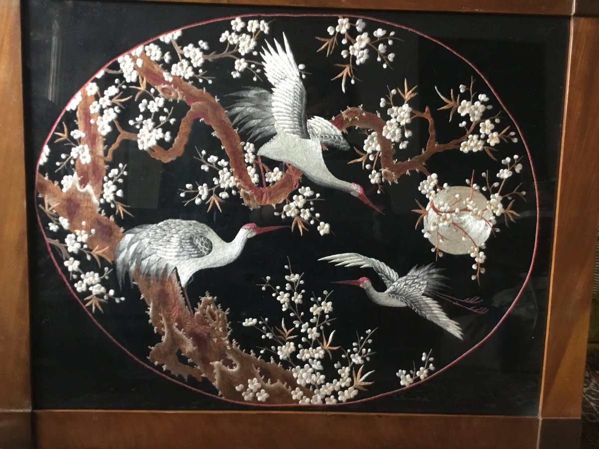 Embroidery, Moonlight Cranes, Art Nouveau, Framed, Japan-photo-3